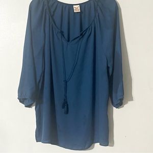 FADED GLORY Women Tie Neck Blouse Dark Teal 3/4 Puff Sleeve Semi Sheer Size XXL